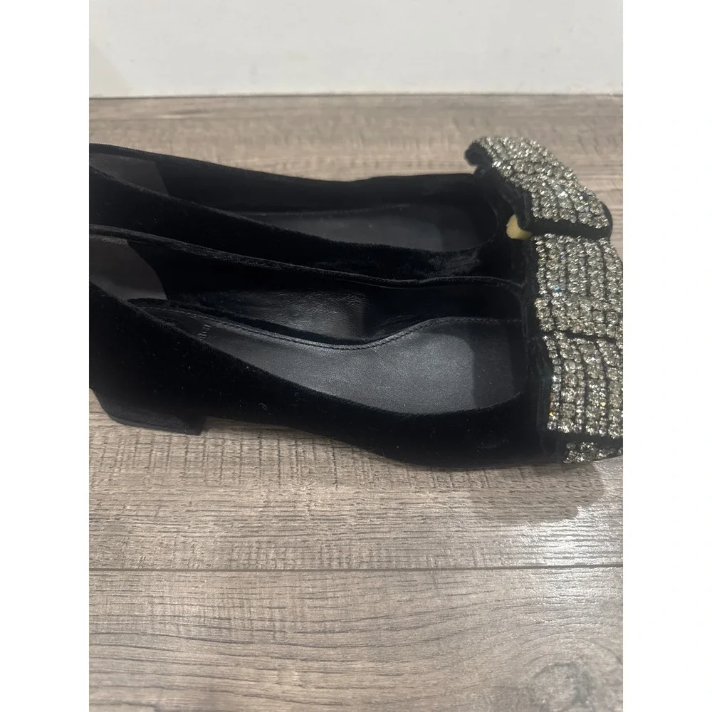 Tory Burch Black Velvet Crystal Embellished Bow Pumps Low Block Heel 6M